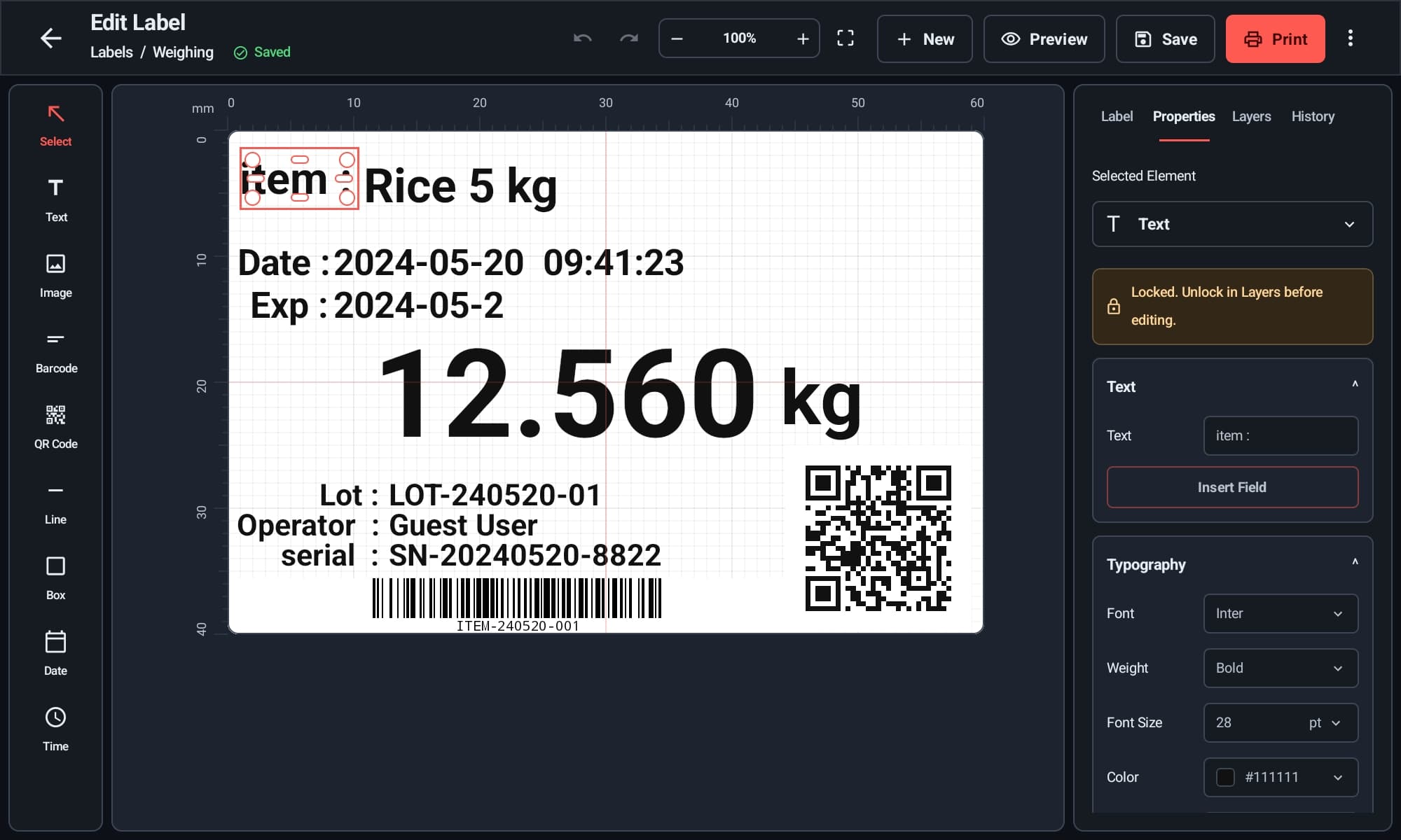 หน้าจอแก้ไขฉลาก Android แสดงพื้นที่ออกแบบ เครื่องมือ และแผง Properties